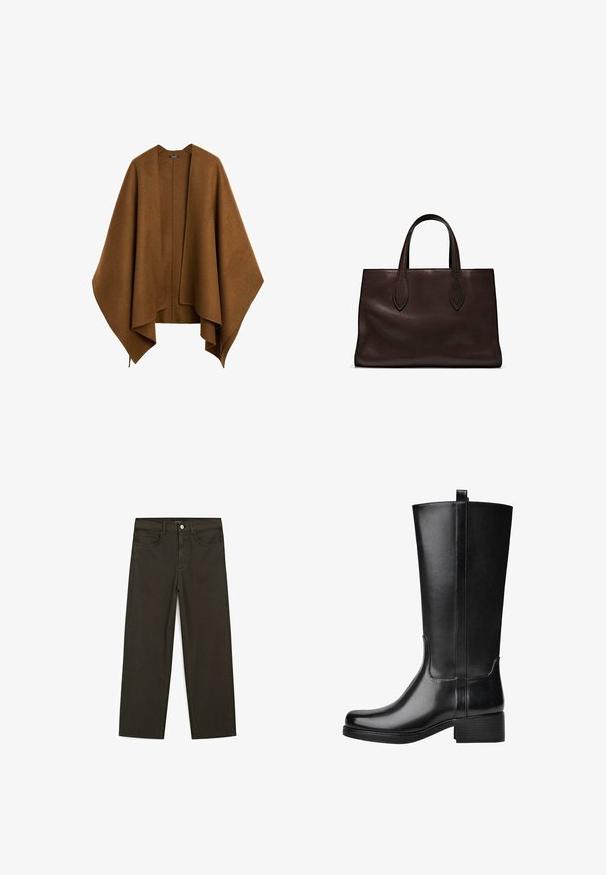 Bruine, oversized, ongestructureerde sjaal gemaakt van zachte stof. Heeft een diepe V-halslijn en vloeiende mouwen met een gedrapeerd ontwerp.; Donkerbruin T-shirt met korte mouwen, gemaakt van katoen. Heeft een ronde halslijn en een ontspannen pasvorm, zonder zichtbare patronen of accenten.; Donkergroene wijde jeans van een katoenmix, met een sluiting met een voorste knop, vijf zakken en klassieke denimstiksels.; Zwarte kniehoge laarzen van glanzend leer met een blokhak, voorzien van verticale naden en een trekstrip aan de bovenkant voor gemakkelijk aantrekken.; Bruine leren tote bag met twee verlengde handvatten, gestructureerde rechthoekige vorm, gladde textuur en subtiele stiksels.