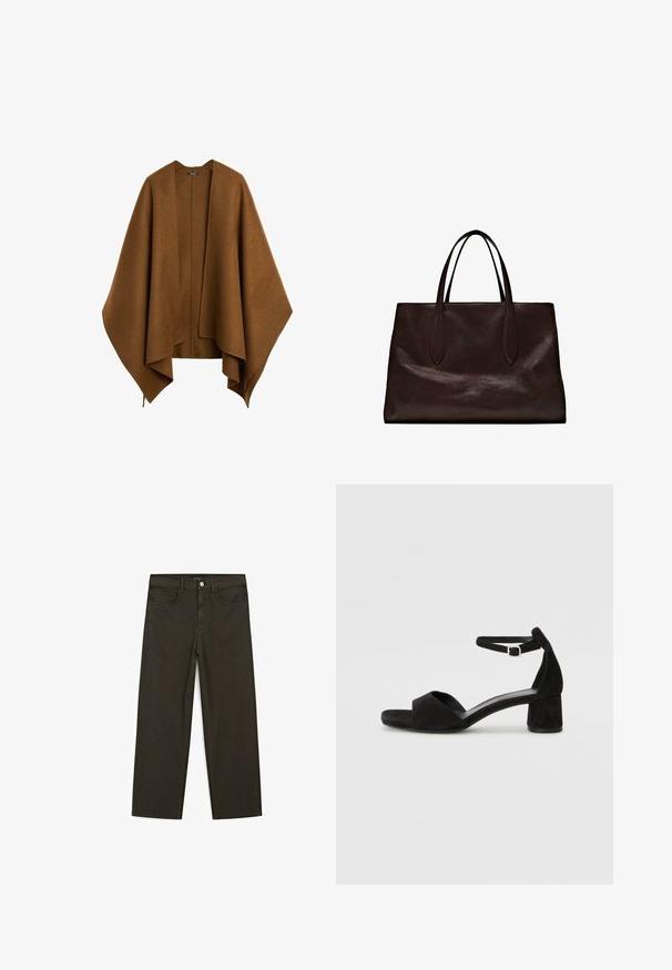 Brun, overdimensioneret, ustruktureret sjal lavet af blødt stof. Har en dyb V-udskæring og flydende ærmer med et draperet design.; Mørkebrun kortærmet t-shirt lavet af bomuld. Har en rund halsudskæring og en afslappet pasform, uden synlige mønstre eller detaljer.; Mørkegrønne brede jeans lavet af en bomuldsblanding, med en frontlukning med knap, fem lommer og klassisk denim-syning.; Sorte ruskind hælede sandaler med en tynd ankelsnor, åben tå design og en beskeden blokhæl. Glat tekstur og minimale detaljer.; Massimo Dutti Håndtasker - brown