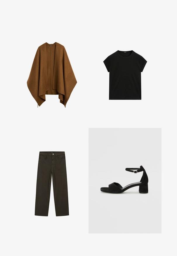 Hnědý, oversized, nestrukturovaný šál vyrobený z měkké tkaniny. Obsahuje hluboký V-výstřih a volné rukávy s splývavým designem.; Černé tričko s krátkým rukávem a kulatým výstřihem s rovnými lemy, vystavené na bílé ploše.; Tmavě zelené široké džínsy vyrobené z bavlněné směsi, s předním zapínáním na knoflík, pěti kapsami a klasickým denimovým stehem.; Černé sametové sandály na podpatku s tenkým řemínkem kolem kotníku, otevřenou špičkou a skromným blokovým podpatkem. Hladká textura a minimální akcenty.