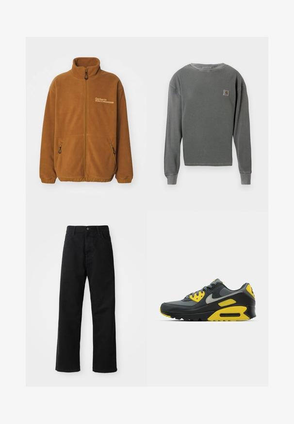 Carhartt WIP FLYING DUCKS LINER - Fleece jacket - hamilton brown; Gray long-sleeve crewneck sweatshirt with ribbed texture, featuring a small square logo patch on the left chest and ribbed cuffs.; Black denim pants with a straight cut, featuring front pockets, a zip fly, and a single top button. Textured fabric with a matte finish.; Gray and yellow Nike Air Max 90 sneaker displayed on a white background, showcasing its design and color contrasts.