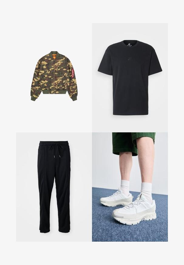 Camouflage bomber jacket with green, brown, and yellow patterns. Features a zip front, ribbed cuffs, and an orange interior lining.; Nike black cotton t-shirt with a classic crew neck, short sleeves, and a subtle, embossed logo on the chest. Smooth texture.; Black drawstring waist casual pants with side seam pockets and straight leg cut on a plain background.; White athletic shoes with textured overlays, a chunky sole, and gray accents. Worn with white crew socks and green shorts on a blue surface.