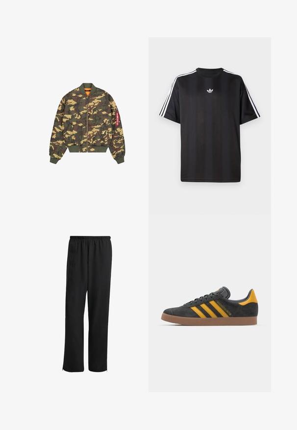 Camouflage bomber jacket with green, brown, and yellow patterns. Features a zip front, ribbed cuffs, and an orange interior lining.; Black short-sleeve t-shirt with white three-stripe detailing on shoulders and a small white logo on the chest. Smooth fabric texture.; Black athletic pants with an elastic waistband, straight-leg design, side pockets, and zippered cuffs, made from a smooth, lightweight fabric.; Black suede sneaker with yellow accents, featuring three stripes and a brown rubber sole. Includes a padded tongue for comfort.