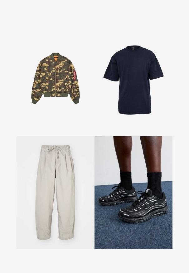 Kamouflagemönstrad bomberjacka med gröna, bruna och gula mönster. Har dragkedja fram, ribbade cuffar och ett orangefärgat foder.; Mörkblå bomull t-shirt med korta ärmar, rundad halsringning och avslappnad passform. Slät textur, ingen synlig mönster eller detaljer.; Beiga, lätta byxor med elastisk midja och dragsko. Funktioner veck och en lös passform, tillverkade av ett mjukt, slätt material.; Svarta Nike-skor har en mesh-övre med accentstripes, texturerad snörning och en svart gummisula. Bärs med svarta ribbade strumpor.