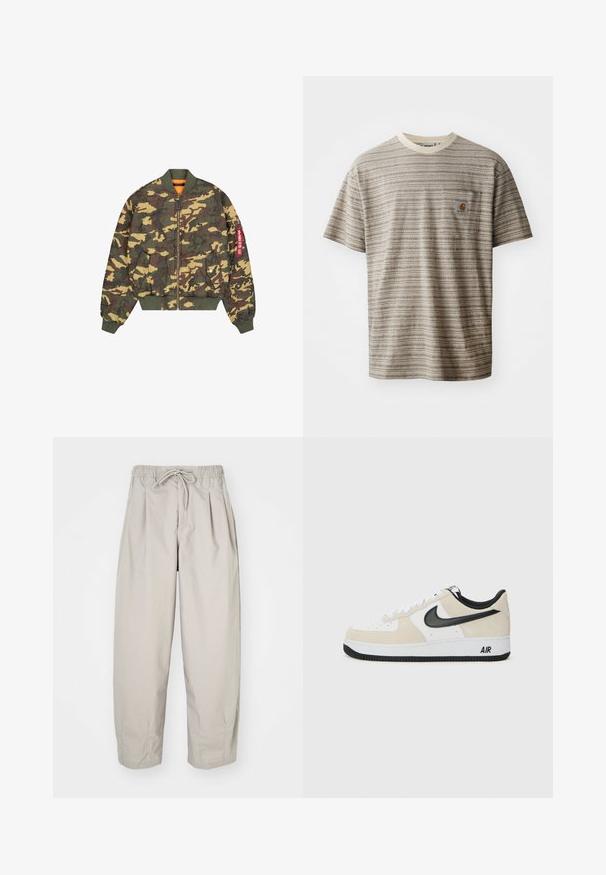 Kurtka bomber w kamuflażu z zielonymi, brązowymi i żółtymi wzorami. Posiada zamek błyskawiczny z przodu, ściągacze przy mankietach i pomarańczowe podszewkę.; Koszulka z krótkim rękawem w paski w odcieniach beżu i brązu, z okrągłym dekoltem oraz kieszonką na piersi z naszywką logo. Teksturowana tkanina.; Beżowe, lekkie spodnie z elastycznym pasem i sznurkiem do regulacji. Posiadają pliski i luźny krój, wykonane z miękkiego, gładkiego materiału.; Sneakers z jasnobeżowym zamszem i białą skórzaną cholewką, czarnym logo Nike, czarnymi akcentami i białą gumową podeszwą z logo "AIR".