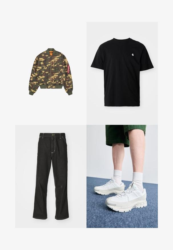 Jaqueta bomber de camuflagem com padrões verdes, castanhos e amarelos. Apresenta um fecho de correr à frente, punhos canelados e um forro interior laranja.; T-shirt de algodão preto com gola redonda, mangas curtas e um pequeno logótipo branco na área do peito esquerdo. Costuras laterais visíveis. Textura suave.; Calças de ganga pretas de corte largo, com costuras brancas em contraste, fecho de botão e design de perna reta.; Sapatos atléticos brancos com sobreposições texturizadas, sola espessa e detalhes em cinza. Usados com meias brancas até ao tornozelo e calções verdes sobre uma superfície azul.