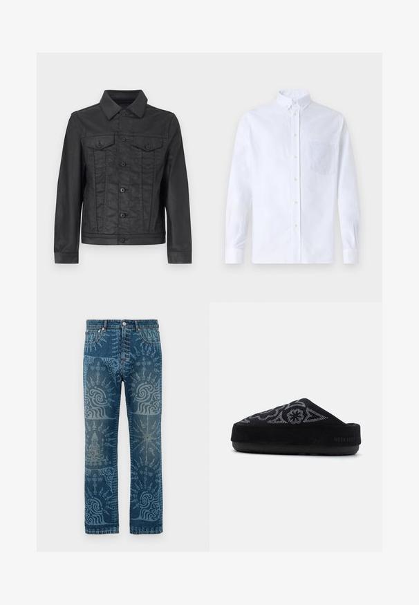 Mustast denimist jope, millel on nööpidega esiosa, terav krae, kaks rinna taskut ja pika varrukaga nööpidega mansetid. Sile tekstuur.; Valge pikamaa varrukatega nööbiga särk, mis on valmistatud puuvillast ja millel on rinna tasku toon-toonis brodeeringuga, krae ja nööbiga mansetid.; Keskmise sinise pesu denim-püksid, millel on keerukad helesinised mustrid, sirge sääre disain, klassikaline viie taskuga stiil ja nupukinnitus.; Must musta kingad, millel on tikandiga disain, ümmargune varvas, paks talla ja kandmisel tekst "MOON BOOT". Tekstuuriga pind.