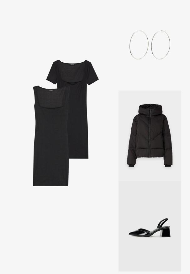 YAS YASIRIMA JACKET - Down jacket - black; Black bodycon dress with a square neckline, short sleeves, and ribbed texture. Two variations: light black and deeper black shades shown.; Black patent leather slingback heels with a pointed toe and a geometric block heel. Features a sleek, minimal design and smooth texture.; Silver hoop earrings with a smooth, round design and a polished finish. They are thin and lightweight, featuring a simple clasp closure.