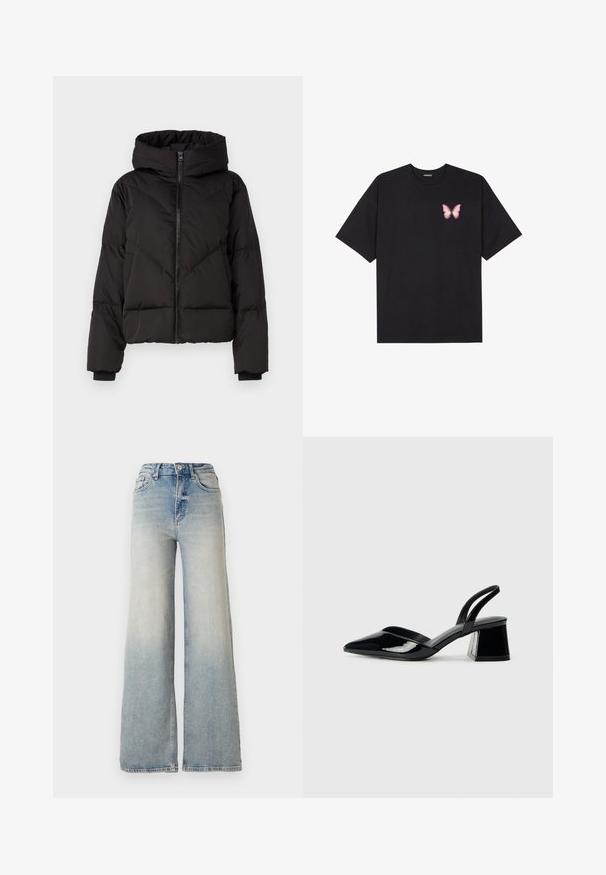 YAS YASIRIMA JACKET - Pūkinė striukė - black; Juodas medvilnės marškinėliai trumpomis rankovėmis, su maža rožine drugelio grafika kairėje krūtinės pusėje. Apvalus kaklo iškirpimas, laisvas kirpimas.; Šviesiai mėlynus plačius džinsus, pagamintus iš džinsinio audinio, su aukštu liemeniu, penkiomis kišenėmis ir matomais siūlėmis.; Juodos lakuotos odinės šlepetės su smailiu pirštu ir geometriniu bloko kulnu. Turi elegantišką, minimalistinį dizainą ir lygų paviršių.