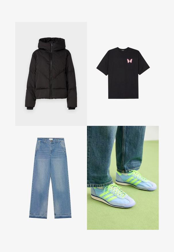 YAS YASIRIMA JACKET - Sulejope - black; Must muströöpidega must puuvillane T-särk, vasakul rinnal on väike roosa liblikas. Ümar kaelus ja vabalt istuv lõige.; Heledu sinine kõrge vöökoht ja laia säärega teksapüksid nupuga kinnitamisel, ees taskud, vöörihmade aasad ja õrnalt kulunud detailid.; Heledad sinised spordijalatsid roheliste aktsentidega, sametja ja sünteetilise materjali kombinatsioon, kolme triibuga ja tekstuurse tallaga. Stiliseeritud avarate teksapükstega.