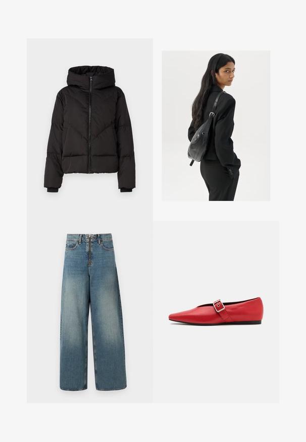 YAS YASIRIMA JACKET - Jachetă cu puf - black; Top alb fără mâneci, confecționat din material ribbed, prezentând un decolteu rotund și o siluetă ajustată, cu cusături minime și fără ornamente.; Jeans din denim cu picioare largi, într-o nuanță deschisă de albastru. Prezintă un sistem de închidere cu fermoar și buton, precum și o ușoară decolorare pentru un aspect purtat.; Pantof cu toc plat din piele roșie, cu vârful ascuțit, având o curea laterală cu cataramă metalică și un toc negru scăzut. Textură netedă pe toată suprafața.; Femeie cu păr lung și închis la culoare, îmbrăcată într-un costum negru, purtând o geantă de umăr din piele neagră, privind peste umăr, pe un fundal alb.