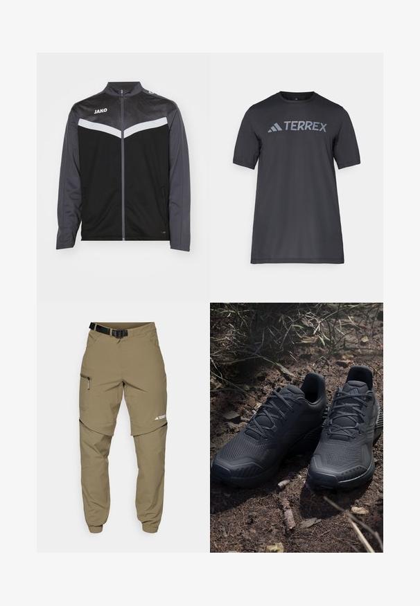 Schwarze und dunkelgraue Sportjacke mit hohem Kragen, Reißverschluss vorne und weißen Chevron-Details. Verfügt über strukturierten Stoff auf den Schultern.; Schwarzes T-Shirt mit kurzen Ärmeln aus leichtem Stoff, mit einem hellgrauen "TERREX"-Logo auf der Brust und einem Rundhalsausschnitt.; Beige Outdoorhose mit Gürtel, seitlichen Reißverschlusstaschen und elastischen Bündchen. Verfügt über ein abnehmbares Design für Vielseitigkeit und eine glatte Textur.; Schwarze Sportschuhe mit einem strukturierten Strickobermaterial, verstärkter Zehenkappe und gepolsterten Sohlen, die auf erdigem Boden mit verstreuten Zweigen präsentiert werden.