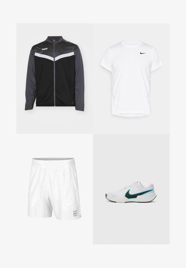 Črna in temno siva športna jakna z visokim ovratnikom, zadrgo spredaj in podrobnostmi v beli barvi v obliki črke V. Ima teksturirano tkanino na ramenih.; Bela kratka majica s kratkimi rokavi Nike, izdelana iz gladkega sintetičnega materiala, z črnim logotipom na levi strani prsnega koša.; Bele športne kratke hlače iz lahkotnega materiala z elastičnim pasom, ki imajo dva stranska žepa in majhen črn logotip na robu.; Bela športna copata z teksturiranim mrežastim zgornjim delom, črnimi gumijastimi podplati in teal Nike simbolom kot poudarkom. Ima vezalke in oblazinjen ovratnik.