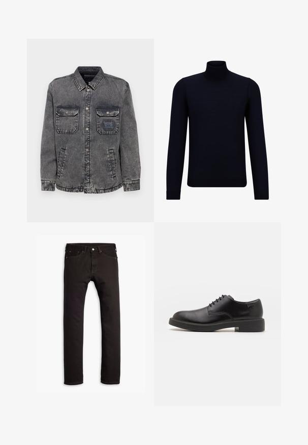 Τζάκετ από τζιν σε ξεθωριασμένο γκρι χρώμα με κουμπιά μπροστά, δύο τσέπες στο στήθος και πλάγιες τσέπες. Περιλαμβάνει μια αντίθετη ετικέτα στη δεμένη τσέπη.; Σκούρο ναυτικό μπλε πουλόβερ με ψηλό λαιμό από λεπτό πλεκτό ύφασμα, διαθέτει μακριά μανίκια και εφαρμοστή, ψηλή λαιμόκοψη. Δεν έχει ορατά σχέδια ή διακοσμητικά στοιχεία.; Μαύρα στενά τζιν παντελόνια με πέντε τσέπες και κλείσιμο με κουμπί, απλωμένα σε λευκό φόντο.; Μαύρο δερμάτινο παπούτσι με κορδόνια, με στρογγυλή μύτη, λεία υφή, ελάχιστη ραφή και χαμηλή καουτσούκ σόλα. Λογότυπο στη σόλα.