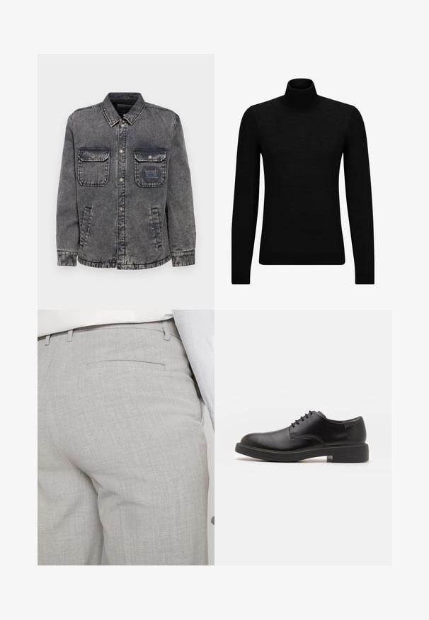 Denimska jakna v bledi sivi barvi z gumbnim zapiranjem spredaj, dvema žepoma na prsih in stranskima žepoma. Ima kontrastno oznako na levem žepu.; Črna turtleneck pulover iz mehkega materiala, z dolgimi rokavi in tesnim prileganjem. R ibana obroba na robu in rokavih. Preprosta zasnova.; Svetlo sive hlače po meri iz teksturirane tkanine, z enim zadnjim žepom in čistim šivom.; Črne usnjene čipkaste čevlje z zaobljenim nosom, gladko teksturo, minimalnim šitjem in nizkim gumijastim peto. Logo na peti.