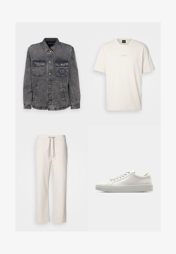 Denimska jakna v bledi sivi barvi z gumbnim zapiranjem spredaj, dvema žepoma na prsih in stranskima žepoma. Ima kontrastno oznako na levem žepu.; BOSS TEE - Navadna majica - open white; Kremaste ležerne hlače z vrvico v pasu in ravnimi nogavicami, prikazane na beli enotni podlagi.; Bela usnjena tenisačka obutev s zaobljenim nosom, minimalističnim dizajnom, sivozelenimi vezalkami in teksturiranim sivo gumijastim podplatom. Opazne diskretne šivalne podrobnosti.