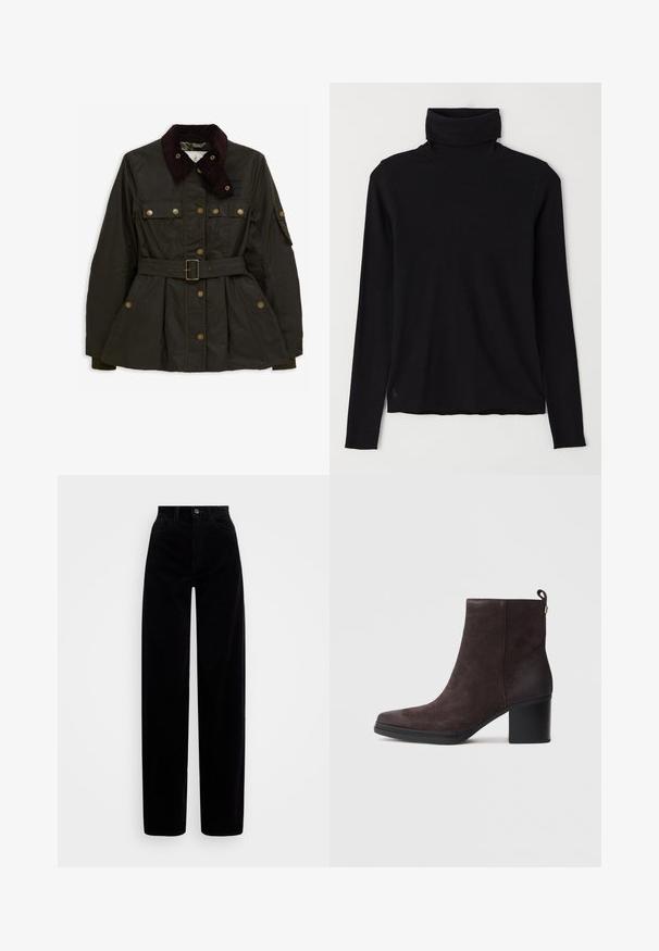 Barbour BARBOUR X ERDEM CONSTANCE WAX JACKET - Lichte jas - archive olive/ancient black floral; Zwarte coltrui van ribstof. Lange mouwen, aansluitend ontwerp en een iets relaxte zoom zonder zichtbare patronen of hardware.; Zwarte ribfluweel broek met een hoge taille, wijde pijpen en een enkele knoopsluiting aan de voorkant. Soepele textuur met verticale ribbels.; Bruine suède enkellaars met een vierkante neus, een middelhoge hak en een treklus aan de achterkant; heeft een gladde zwarte zool en subtiele stiksels.