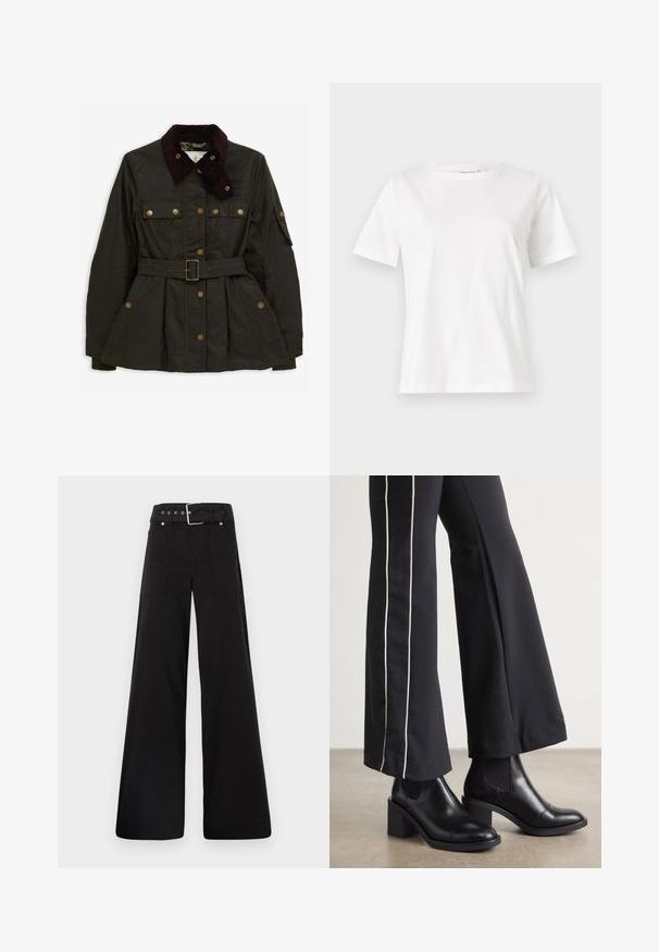Barbour BARBOUR X ERDEM CONSTANCE WAX JACKET - Summer jacket - archive olive/ancient black floral; White cotton t-shirt with short sleeves, round neckline, and a relaxed fit. Smooth texture, no patterns or accents, minimalistic design.; Black wide-leg trousers made from cotton, featuring a high waist, large side pockets, and a belted waist with silver hardware accents.; Black leather ankle boots with a block heel, featuring elastic side panels. Paired with black pants that have a white side stripe.