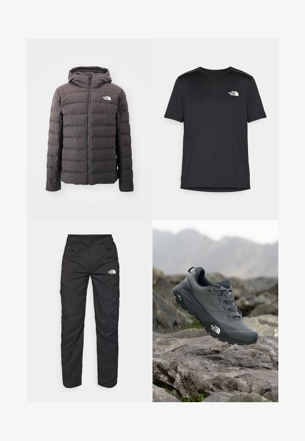 Padded bunda v tmavo šedej farbe s kapucňou, vybavená predným zipsom a logom North Face na ľavej hrudi. Hladká textúra a prešívaný dizajn.; Čierne tričko s krátkym rukávom vyrobené z ľahkej tkaniny. Obsahuje malé biele logo na ľavej hrudi a jemné akcenty na pleciach.; Čierne cargo nohavice vyrobené z ľahkého materiálu. Obsahujú zipsové bočné vrecká a logo na ľavom stehne. Rovno strihaný dizajn.; Šedá trailová bežecká obuv s textúrovaným zvrškom, odolnou gumovou podrážkou a vystuženou špičkou. Obsahuje šnúrky a logo značky na boku.