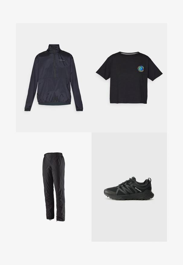 Halve rits marineblauwe jas van lichtgewicht, gladde stof. Beschikt over een rechte kraag, elastische manchetten en een klein logo op de borst.; Zwart katoenen T-shirt met korte mouwen en een ronde, multicolor logo op de borst. Rechte zoom en een relaxte pasvorm.; Zwarte waterdichte broeken met een elastische tailleband, zijzakken met rits, taps toelopende benen en een gladde textuur. Geschikt voor buitensportactiviteiten.; Columbia PEAKFREAK - Outdoorschoenen - black
