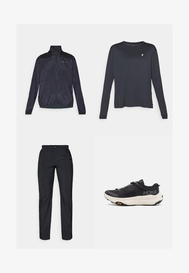 Félzipzáras, sötétkék dzseki könnyű, sima anyagból. Jellemzői közé tartozik a fél-álló gallér, az elasztikus mandzsetta és egy kis logó a mellkason.; Sötét színű, hosszú ujjú póló, textúrált anyagból készült, kerek nyakkivágással és egy kis fehér logóval a bal mellrészén.; Fekete, könnyű, vízálló nadrág rugalmas derékkal és két oldalsó zsebbel; sima textúra; egyenes lábú fazon.; Fekete sportcipők lélegző hálós felsőrésszel, gumitípusú talppal, fehér párnázott középtalppal és fényvisszaverő fűzőkkel. Vibram logó a talpon.