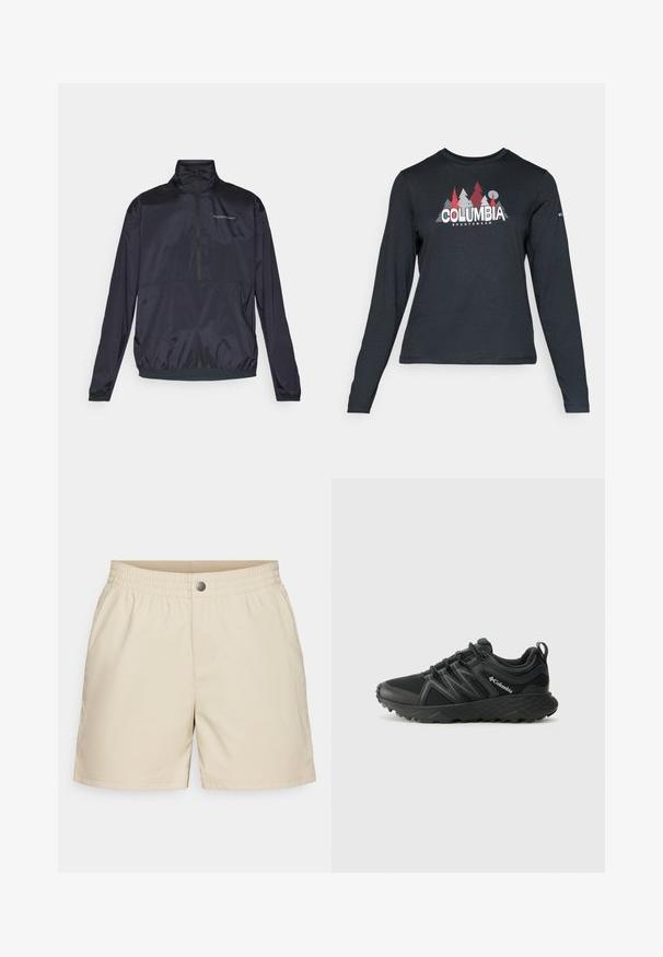 Lengvas, sklandaus audinio pusiau užtrauktukas tamsiai mėlynas džemperis. Turi imitacinį kaklą, elastingus rankogalius ir mažą logotipą ant krūtinės.; Ilga rankovė tamsiai pilka marškinėliai su raudonų medžių ir kalnų grafika; drąsaus baltos spalvos teksto "COLUMBIA" logotipas. Minkšta medžiaga, standartinis apvalus kaklas.; Šviesiai rudi šortai, pagaminti iš lengvos medžiagos, su elastinga juosmens juosta, priekine kišene ir vienu užsegimu mygtuku, turintys lygią tekstūrą.; Columbia PEAKFREAK - Turistiniai batai - black