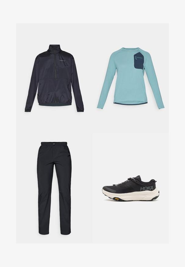 Hochwertige navy Jacke mit halbem Reißverschluss aus leichtem, glattem Stoff. Sie verfügt über einen Stehkragen, elastische Bündchen und ein kleines Logo auf der Brust.; Langarmshirt aus hellblauem strukturiertem Stoff. Besitzt eine marineblaue Tasche mit Branding. Rundhalsausschnitt und abgerundeter Saum.; Schwarze, leichte, wasserabweisende Hose mit elastischem Bund und zwei Seitentaschen; glatte Textur; gerade Beinform.; Schwarze Sportschuhe mit einem atmungsaktiven Mesh-Obermaterial, Gummisohle, weißem dämpfenden Zwischensohle und reflektierenden Schnürsenkeln. Vibram-Logo auf der Sohle.