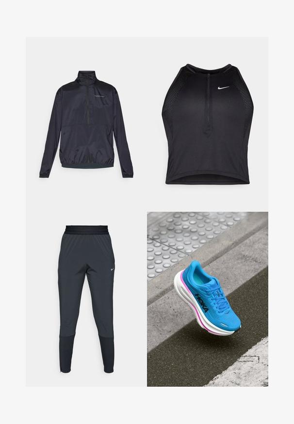 Halve rits marineblauwe jas van lichtgewicht, gladde stof. Beschikt over een rechte kraag, elastische manchetten en een klein logo op de borst.; Zwarte atletische crop top met een rits aan de voorkant, mesh accenten en een aansluitend ontwerp. Gemaakt van rekbare, ademende stof. Nike-logo aan de voorkant.; Nike sportieve broek in donkergrijs, met een tapered leg ontwerp, elastische tailleband en accentdetails bij de boorden.; Blauwe hardloopschoen met een bovenwerk van mesh, witte tussenzool en roze accenten; beschikt over een gestructureerd patroon, logo op de zijkant en een ronde neusontwerp.