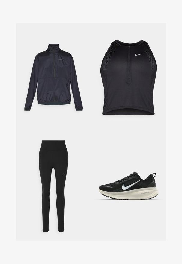 Kurtka navy z pół zamkiem wykonana z lekkiego, gładkiego materiału. Posiada stójkę, elastyczne mankiety oraz małe logo na piersi.; Czarny sportowy crop top z zamkiem z przodu, z siateczkowymi akcentami i dopasowanym krojem. Wykonany z elastycznego, oddychającego materiału. Logo Nike z przodu.; Czarne legginsy z wysokim stanem, wykonane z elastycznego materiału. Posiadają małe białe logo po lewej stronie oraz detale na bocznych szwach.; Czarna biegowa półbut z oddychającej siateczki, białym logo swoosh, teksturowanymi detalami oraz kremową podeszwą środkową ZoomX.