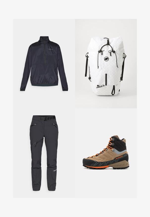 Hochwertige navy Jacke mit halbem Reißverschluss aus leichtem, glattem Stoff. Sie verfügt über einen Stehkragen, elastische Bündchen und ein kleines Logo auf der Brust.; Schwarzes ärmelloses Shirt mit einem strukturierten Muster, runder Ausschnitt und einem "MAMMUT"-Logo auf der Vorderseite. Aus atmungsaktivem Material gefertigt.; Schwarze Softshell-Hosen mit schmaler Passform, Reißverschluss-Taschen, elastischem Bund und strukturierten Beinteilen im unteren Bereich. Robustes Material für den Einsatz im Freien.; Beige und schwarze Wanderstiefel im High-Top-Stil mit orangefarbenen Schnürsenkeln, gummierter Zehenkappe, strukturiertem Obermaterial und robustem Sohlenprofil. Verfügt über verstärkten Knöchelschutz.; Weißer Rucksack aus gepolstertem Material mit schwarzen Akzenten. Verfügt über verstellbare Trageriemen, einen Rollverschluss und eine Vorderreißverschlusstasche.