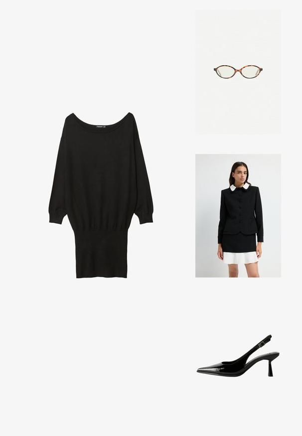Kvinna iförd en svart knappjacka med en vit rundad krage och matchande svart kjol över en vit volangklänning.; Svart oversized tröja med bred båtutskärning, långa ärmar, ribbade muddarna och en åtsittande nederkant, gjord av ett mjukt, strukturerat tyg.; Svart lackläder slingback pumps med spetsig tå, urklippta sidor, justerbart vristband och en tunn, elegant klack.; Sköldpaddsmönstrade glasögon med ovala linser och en elegant, slät yta. Har tunna sidor med en subtil kurva vid tinningarna. Klara linser.; Röd läderaxelväska med en rundad design, slät yta och dragkedjestängning. Den har ett tunt handtag för bärande.