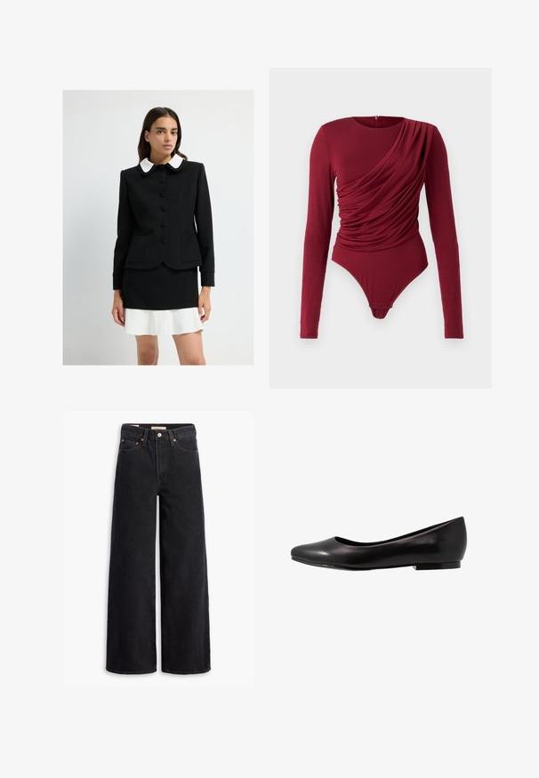 Kobieta w czarnej kurtce zapinanej na guziki z białym okrągłym kołnierzykiem i dopasowanej czarnej spódnicy, nosząca białą sukienkę z falbaną.; Body z długim rękawem w głębokiej czerwieni, z marszczonym materiałem, dekoltem w serek i zapięciem na napy na dole, wykonane z miękkiego, elastycznego materiału.; Czarne dżinsowe spodnie o szerokich nogawkach, z pięcioma kieszeniami, miedzianymi nitami i klasycznym zapięciem na guzik. Gładka tekstura i prosty design.; Czarne baletki wykonane z błyszczącej skóry, z okrągłym noskiem i niską, płaską podeszwą. Mają gładką fakturę oraz prosty, elegancki design.