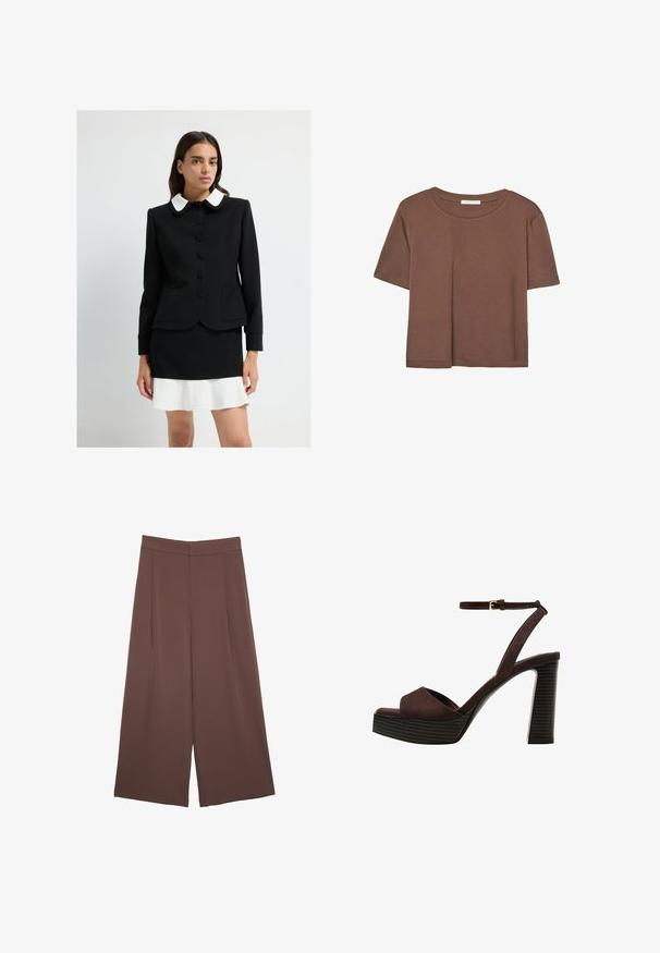 Kvinna iförd en svart knappjacka med en vit rundad krage och matchande svart kjol över en vit volangklänning.; Brun kortärmad t-shirt i mjukt tyg, med rund halsringning och avslappnad passform. Inga synliga mönster eller detaljer.; Bruna vida byxor med en slät textur, som har hög midja och framfickor. Tyget är lätt och flödar löst.; Bruna mocka högklackade sandaler med öppen tå, justerbar vristrem och en randig plattformssula.