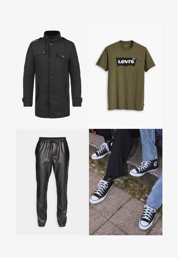 Sivi vuneni kaput s ribljim kosturom, uspravnim ovratnikom, dvorednim kopčanjem, džepovima s poklopcima i crnim gumbima. Ima naramenice na ramenima.; Maslinasto zelena pamučna majica kratkih rukava s velikim crnim Levi's logotipom u kontrastnom polukružnom obliku preko prsa. Regularni kroj.; Crne kožne hlače jogger kroja s elastičnim strukom i podesivim vezicom. Glatka tekstura, sužen kroj i manžetne na gležnjevima.; Crne visoke platnene tenisice s bijelim gumama i vezicama, sa kružnim logom sa strane, u kombinaciji s trapericama i crnim hlačama.