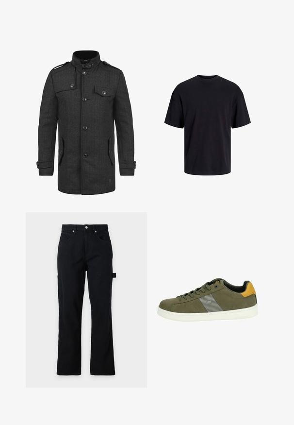 Grauer Wollmantel mit Fischgrätmuster, Stehkragen, doppelreihiger Vorderseite, Klappentaschen und schwarzen Knöpfen. Mit Schulterklappen ausgestattet.; Schwarzes Baumwoll-T-Shirt mit Rundhalsausschnitt, kurzen Ärmeln und lässiger Passform. Glatte Oberflächenstruktur und keine sichtbaren Muster oder Akzente.; Schwarze Denim-Hosen mit geradem Bein, frontalen Taschen und aufgesetzten Taschen auf der Rückseite. Ausgestattet mit silberner Hardware und Seitenschlaufen für zusätzliche Funktionalität.; Olivgrüner Sneaker aus strukturiertem Synthetikmaterial, mit weißer Sohle, grauem Seitenstreifen und gelbem Absatzakzent.