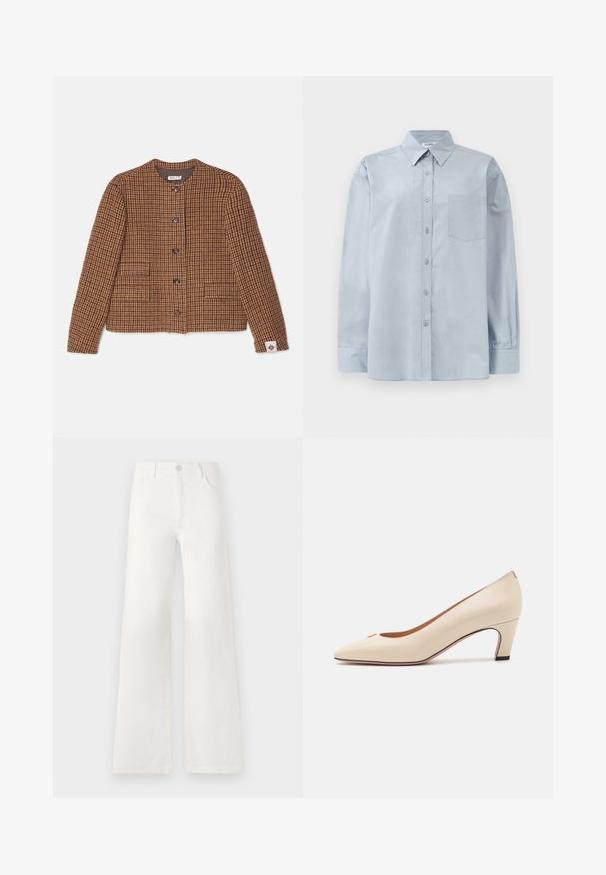 Hnědá sako s kostkovaným vzorem houndstooth, s kulatým výstřihem, pěti knoflíky, dvěma předními kapsami a malou značkovou etiketou na lemu.; Světle modrá košile s dlouhým rukávem, zapínáním na knoflíky, s špičatým límečkem a náprsní kapsou, položena na bílé pozadí.; Bílé džíny s vysokým pasem a širokými nohavicemi vyrobené z denimové látky. Mají zapínání na knoflík, dvě přední kapsy a boční švy se švy.; Bežové lakované lodičky s špičatou špičkou a nízkým blokovým podpatkem. Vyznačují se malým zlatým logem na špičce. Hladký povrch.