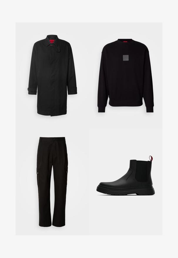 Svart regnfrakk med klassisk design, med knappelukking, krage og opprullbare ermer. Jevn tekstur, uten synlige mønstre eller detaljer.; Svart genser med lange ermer, rund halslinning, et grått firkantet logo på forsiden, myk tekstur og ribbet mansjetter og kant.; Svart cargobukse laget av bomull med avslappet passform, med sidelommer, knappeåpning og rette ben. Enkelt design uten mønstre.; Sorte ankelstøvler med en glat overflade, elastiske sidepaneler og en kontrastfyldt rød trækflik, med en tykk gummisål og rund tå.