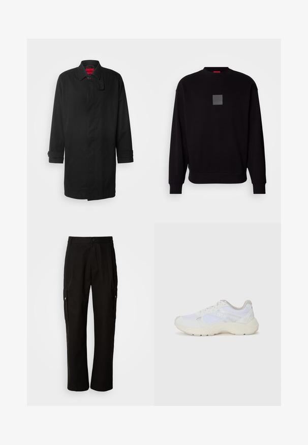 Schwarzer Regenmantel mit klassischem Design, ausgestattet mit Knopfverschluss, Kragen und aufrollbaren Ärmeln. Glatte Textur, keine sichtbaren Muster oder Akzente.; Schwarze Sweatshirt mit langen Ärmeln, rundem Ausschnitt, grauem quadratischen Logo auf der Vorderseite, weicher Textur und gerippten Bündchen und Saum.; Schwarze Cargo-Hosen aus Baumwolle mit lockerem Schnitt, seitlichen Taschen, Knopfverschluss und geradem Bein. Einfaches Design ohne Muster.; Weiße Sportschuhe aus Mesh und Wildleder, mit einer strukturierten Zwischensohle, strukturierten Akzenten und dem "HUGO"-Logo an der Seite.