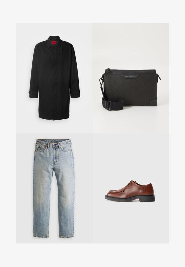 Črn dežnik s klasičnim dizajnom, ki vključuje gumbasto zapiranje, ovratnik in zložene manšete. Gladka tekstura, brez vidnih vzorcev ali dodatkov.; Burgundska srajca z dolgimi rokavi iz bombaža, z ovratnikom na gumb, sprednjim gumbom in majhnim logotipom na prsih.; Svetlo modri džins hlače z visokim pasom, sprednjim gumbom, zadrgo in petimi žepi, laid flat na nevtralni podlagi.; Rjave usnjene oblečne čevlje z zaobljenim nosom, kontrastnim šivanjem, vezalnim dizajnom in teksturiranim črnim gumijastim podplatom.; Črna usnjena torba čez ramo z teksturirano površino, z zadrgo in prilagodljivim trakom. Znak na sprednji strani. Pravokotna oblika.