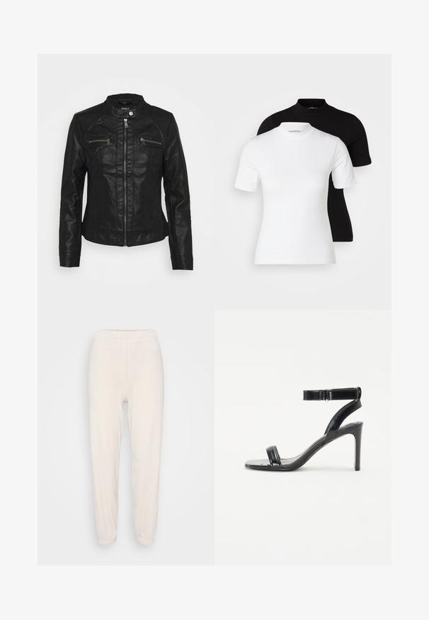 Svart skinnjakke med stående krage, frontglidelås og to glidelåslommer på brystet. Har teksturert stitching og en tettsittende silhuett.; Even&Odd Petite 2 PACK - T-shirts - white/black; Lys beige joggebukser med elastisk midje og mansjetter. Laget av mykt stoff, med en avslappet passform og glatt tekstur.; Svarte hæler med glansfull finish, som har to smale stropper og en ankelstropp, plassert på en slank stiletthæl.