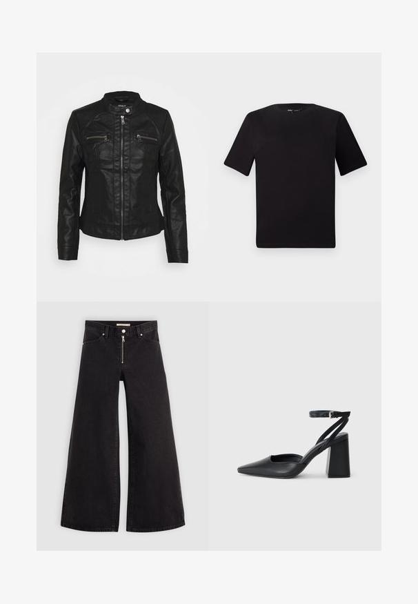 Čierna kožená bunda so stojačikom, predným zipsom a dvoma zipsovými vreckami na hrudi. Disponuje textúrovaným prešívaním a priliehavým strihom.; Čierne tričko s krátkym rukávom a okrúhlym výstrihom, vyrobené z mäkkej bavlny. Jednoduchý dizajn, bez viditeľných log alebo vzorov.; Dlhé nohavice vo voľnom strihu z čierneho denimu so zipsom vpredu, päť vrecúškovým dizajnom a jemnými stehovými detailmi. Hladká textúra a neformálny štýl.; Čierne kožené lodičky s špicatou špičkou a členkovým remienkom, s masívnym podpätkom. Hladký povrch, elegantný dizajn a minimalistická estetika.
