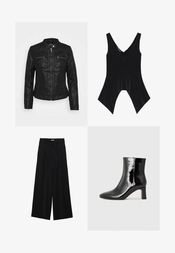 Giubbotto di pelle nera con colletto alto, chiusura frontale con zipper e due tasche sul petto con zip. Presenta cuciture testurizzate e una silhouette aderente.; Top nero senza maniche con scollo a V, caratterizzato da dettagli in pizzo sullo scollo e un design a fondo svasato distintivo. Realizzato in tessuto morbido e liscio.; Pantaloni neri a gamba larga caratterizzati da un tessuto testurizzato, una vita elastica e una cintura staccabile per una vestibilità regolabile.; Stivaletto in pelle verniciata nera con punta a punta e tacco a blocco di altezza media. Texture liscia e design minimalista.