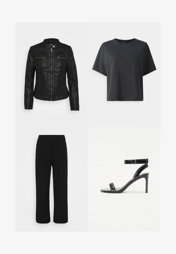Svart skinnjakke med stående krage, frontglidelås og to glidelåslommer på brystet. Har teksturert stitching og en tettsittende silhuett.; Svart bomull T-skjorte, korte ermer, rund hals, avslappet passform, jevn tekstur, enkel design, ingen mønstre eller aksenter.; Sorte bukser med vide ben laget av et glatt stoff, med flat front, beltehemper og uten synlige lommer. Rent, skreddersydd design.; Svarte hæler med glansfull finish, som har to smale stropper og en ankelstropp, plassert på en slank stiletthæl.