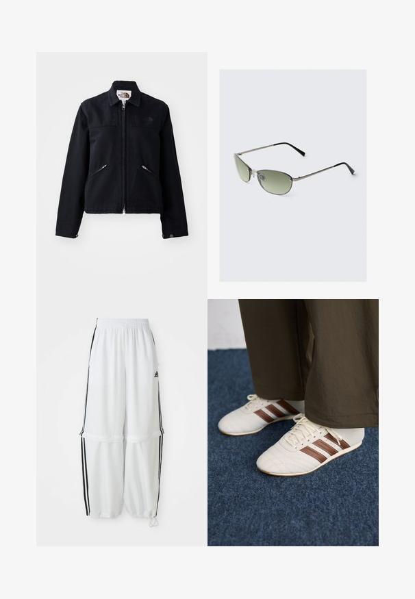 Juodas džemperis su užtrauktuku priekyje, dviem įstrižais užtrauktukais uždaromomis kišenėmis ir apykakle. Pasižymi lygiu audinio tekstūros ir minimalia prekių ženklinimo.; Balta medvilninė marškinėliai be rankovių su plačiomis petnešomis, apvaliu kaklu ir lygia, raibuliuojančia tekstūra. Nėra jokių raštų ar akcentų.; Balti sportiniai keliai su laisvu kirpimu, elastinga juosta talijoje ir juodomis šoninėmis juostomis. Yra užtrauktukų kišenės ir elastingi rankogaliai prie kulkšnies.; Balti sportbačiai su rudomis juostelėmis, dėvimi su rudomis kelnėmis ant mėlynos kiliminės dangos.; Metaliniai akiniai nuo saulės su pailgomis žaliomis lęšiais, plonu sidabriniu rėmu ir juodais kadromis. Yra maži nosies pagalvėlės patogumui.; Balta audinio petinė rankinė su susiraukšlėjusia tekstūra, reguliuojama ištraukiama juosta ir sidabrinėmis detalėmis. Rodyta šalia kreminės spalvos suknelės.