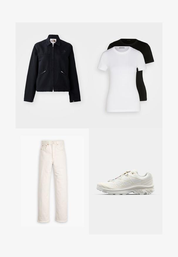 Melns jakas ar rāvējslēdzēju priekšpusē, divām slīpām kabatām ar rāvējslēdzēju un apkakles izgriezumu. Iespējām gludu auduma tekstūru un minimālu zīmolu atpazīstamību.; Divi īsām piedurknēm T-krekli melnā un baltā krāsā. Izgatavoti no gludas kokvilnas, ar klassisku apaļu kakla izgriezumu un regulāru piegriezumu.; Baltas denims ar taisnu kāju dizainu, piecu kabatu stilu un varš apdari. Neapstrādāts piegriezums potītēs.; Baltas sporta apavu modelis ar elpojošu acs augšdaļu, teksturētām akcentēm un mīkstu zoli. Aprīkoti ar ātru sašūšanas sistēmu ērtai pielāgošanai.