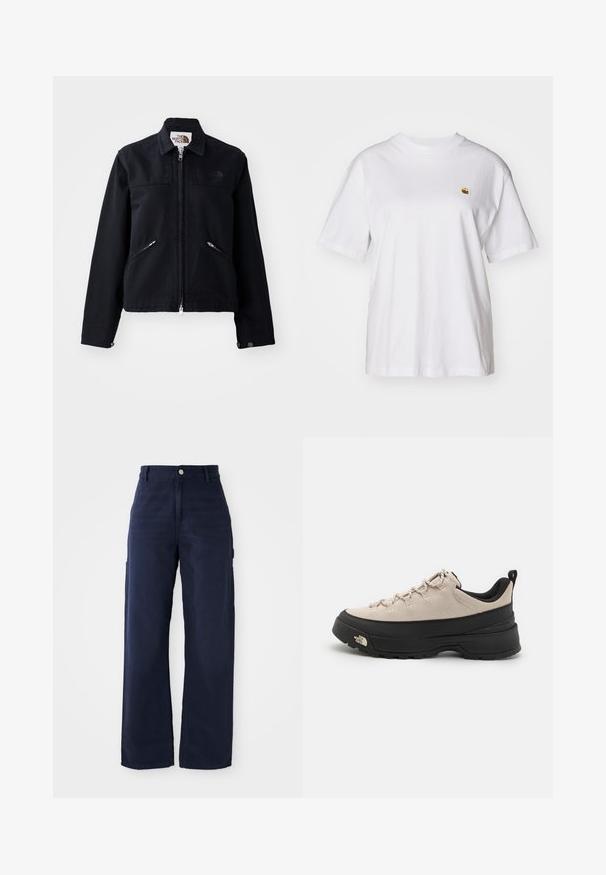Zwarte jas met een rits aan de voorkant, twee schuin geplaatste ritszakken en een kraag. Heeft een gladde textuur en minimale branding.; Witte katoenen t-shirt met een relaxte pasvorm, korte mouwen en een klein geborduurd logo op de linkerborst.; Navy blauwe wijde cargobroek van stevige katoen, met zijzakken en een knoopsluiting in de taille.; Beige suède wandelschoen met zwarte rubberen zool, gestructureerde accenten en reflecterende veters. Bevat een trekhaak voor eenvoudig aan- en uittrekken.