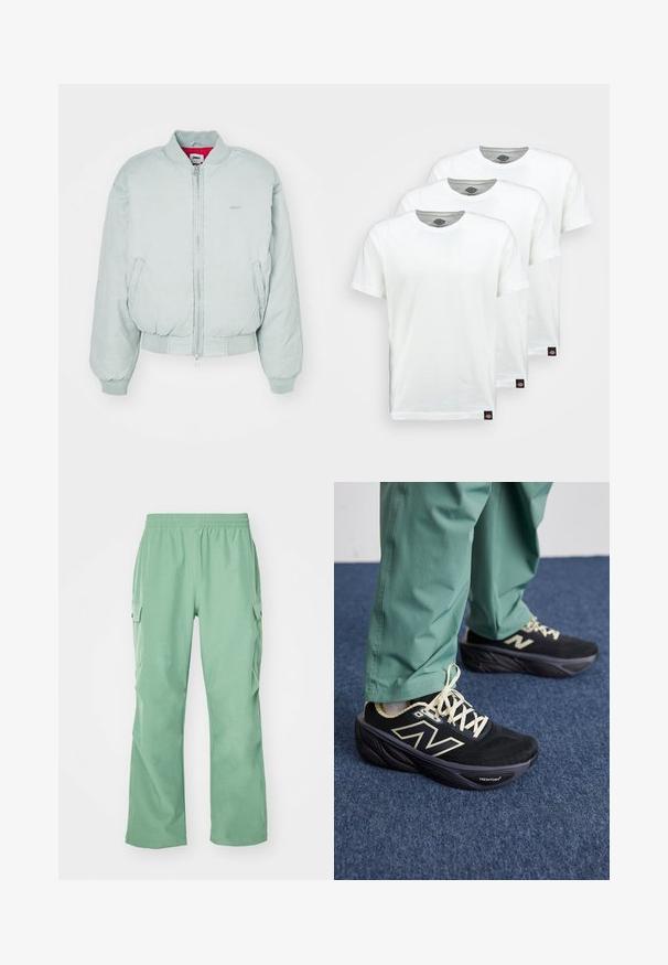 Hellgrüne Bomberjacke mit Reißverschlussfront, gerippten Bündchen und Saum; verfügt über Seitentaschen und dezente Markenkennzeichnung auf der linken Brust.; Drei schlichte weiße Baumwoll-T-Shirts mit kurzen Ärmeln. Jedes Shirt hat einen runden Ausschnitt und ein kleines schwarzes Logotipo auf der linken Seite.; Hellgrüne Cargo-Hose mit elastischem Taillenbund, aus einem glatten Material, mit zwei Seitentaschen und geradem Beinverlauf.; Schwarze Sportschuhe mit einem Obermaterial aus Mesh, cremefarbenen Akzenten und einer dicken, gepolsterten Sohle. Kombiniert mit grünen, schmal zulaufenden Hosen.