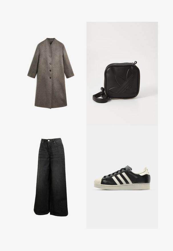 Lang, bruin wollen jas met een hoge hals, rechte snit en vier zwarte knopen aan de voorkant. Glad textuur, geen zichtbare patronen of accenten.; Zwarte lange mouwen cropped shirt gemaakt van zachte katoen. Heeft een ronde halslijn en een losse pasvorm met verlaagde schouders. Geen zichtbare patronen of accenten.; Zwarte spijkerbroek met wijde pijpen en hoge taille, met een knoop aan de voorkant, zakken en een subtiel logo op de voorkant van de zak.; Zwarte leren sneaker met witte strepen, rubberen teenbescherming, zwarte veters en een crèmekleurige loopzool. Glad oppervlak met een glanzende afwerking.; Zwarte vierkante crossbody tas van gestructureerd synthetisch materiaal. Met een reliëflogo ontwerp en een verstelbare schouderband. Ritssluiting.