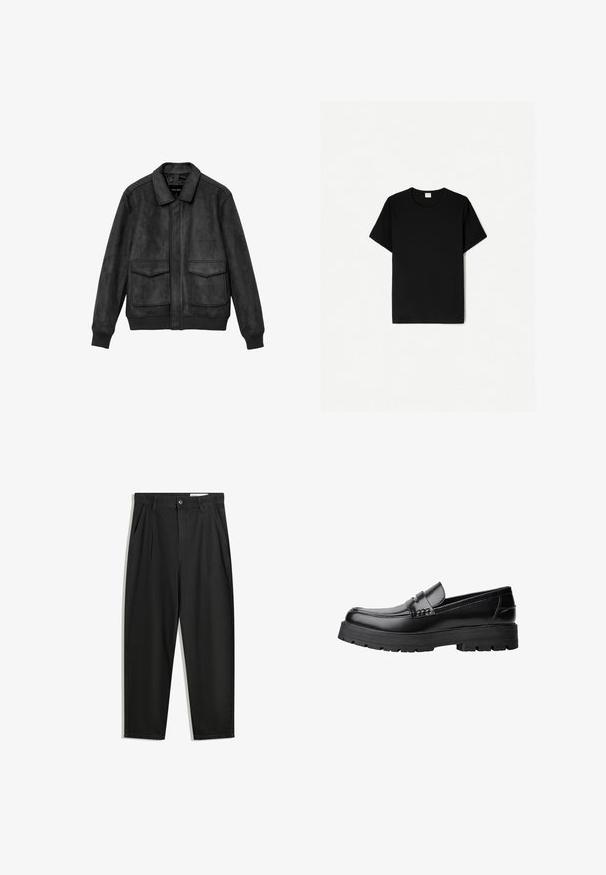 Giacca bomber in suede grigio scuro con colletto, zip frontale, due tasche a patta e polsini e fondo a costine.; T-shirt nera a maniche corte, design a collo rotondo, realizzata in morbido cotone, con una texture liscia e senza pattern o dettagli visibili.; Pantaloni in cotone neri con una vestibilità rilassata, dotati di una vita classica, pieghe frontali e tasche laterali. Tessuto liscio senza fantasie.; Mocassino in pelle nera con suola spessa e tassellata e fascia decorativa sulla parte superiore, mostrato in profilo sinistro su sfondo bianco.