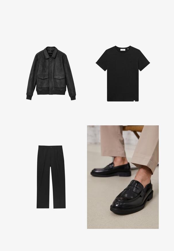 Giacca bomber in suede grigio scuro con colletto, zip frontale, due tasche a patta e polsini e fondo a costine.; T-shirt nera a maniche corte in cotone, con scollatura rotonda e un piccolo logo ricamato sul petto. Tessuto liscio, vestibilità standard.; Pantaloni neri con un design a gamba dritta, realizzati in un tessuto liscio. Presentano pieghe frontali e una chiusura a un bottone in vita.; Mocassini in pelle nera con finitura liscia, dotati di una cintura decorativa e cuciture a contrasto, abbinati a pantaloni beige.