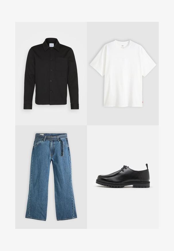 Casaco preto de botão, feito de um tecido suave, com colarinho, bolso frontal e mangas com punhos. Sem padrões ou detalhes visíveis.; T-shirt branca de manga curta, feita de algodão, com decote redondo. Apresenta um discreto detalhe de logotipo em relevo na frente e uma etiqueta vermelha na bainha.; Jeans de ganga azuis de perna larga com cinto preso, bolsos frontais e costura visível sobre um fundo claro.; Shoe preto de couro com atacadores, equipado com uma sola robusta e puxador no calcanhar, apresentado de lado sobre um fundo branco.